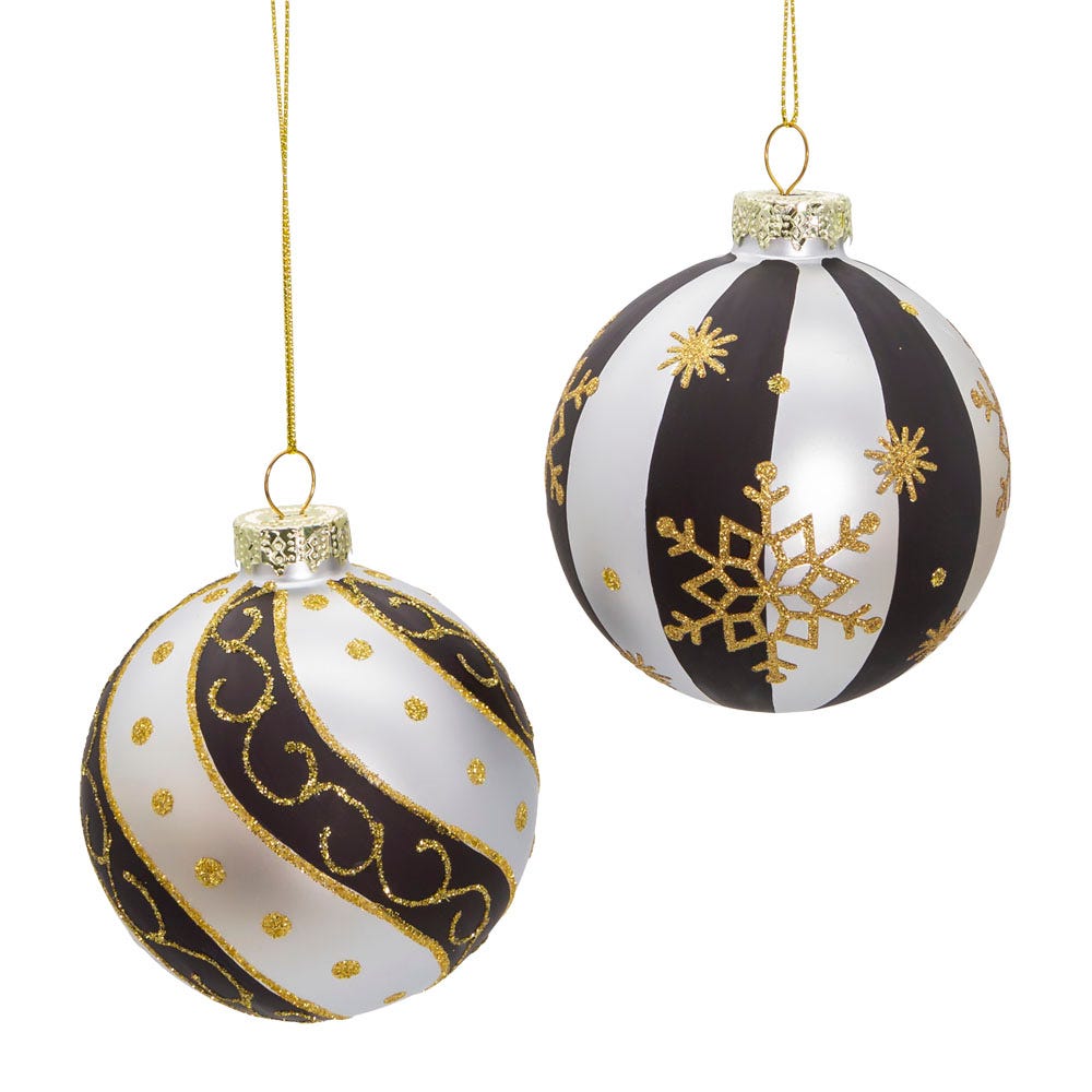 Kurt Adler 80 MM Silver/ Black/ Gold Glass Balls, 6-Piece Set