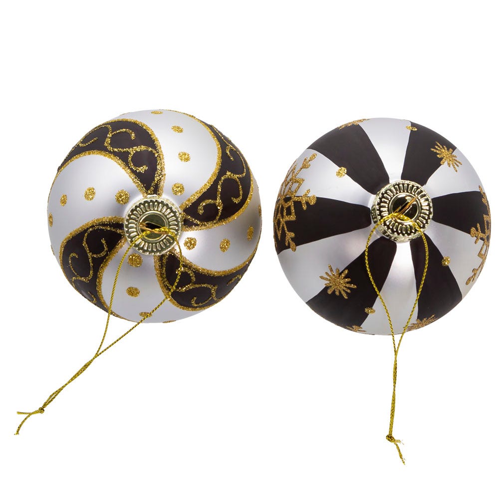Kurt Adler 80 MM Silver/ Black/ Gold Glass Balls, 6-Piece Set