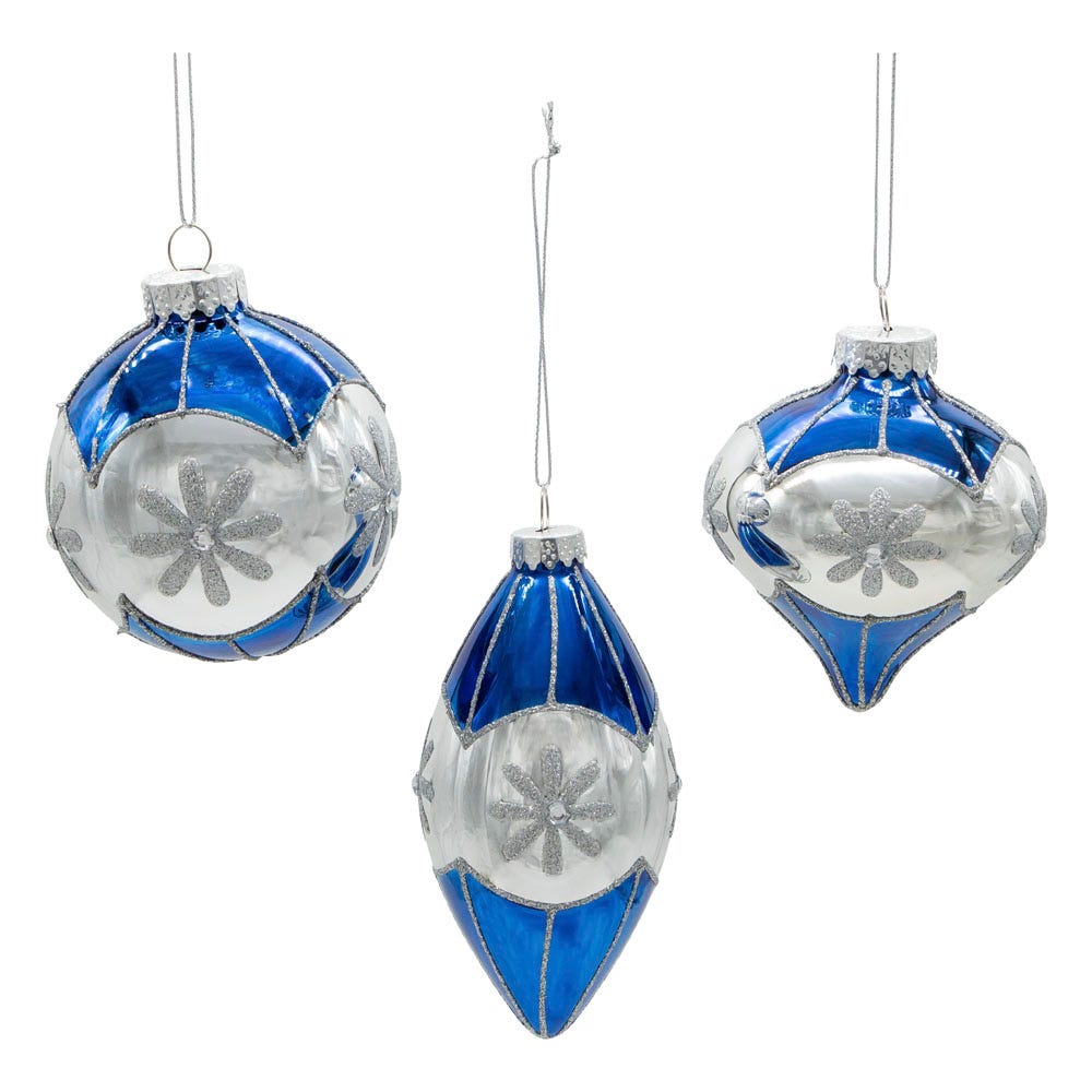 Kurt Adler 80MM Glass Blue Snowflake Ball, Onion and Teardrop Shaped Ornaments, 3-Piece Set