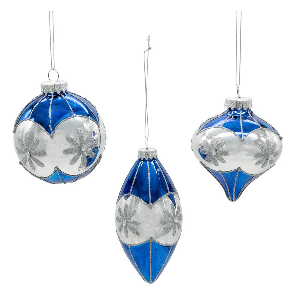 Kurt Adler 80MM Glass Blue Snowflake Ball, Onion and Teardrop Shaped Ornaments, 3-Piece Set