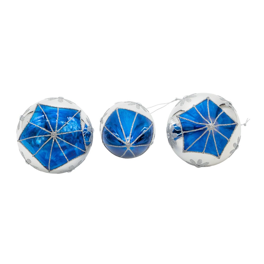 Kurt Adler 80MM Glass Blue Snowflake Ball, Onion and Teardrop Shaped Ornaments, 3-Piece Set