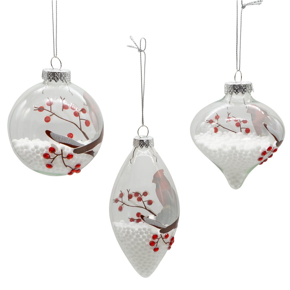 Kurt Adler 80MM Glass Transparent Cardinal Ball, Onion and Teardrop Shaped Ornaments, 3-Piece Set
