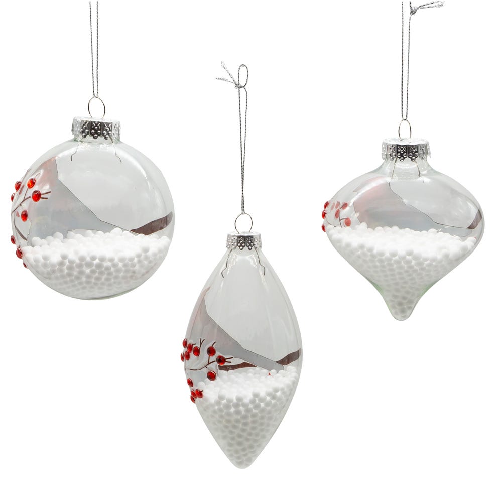 Kurt Adler 80MM Glass Transparent Cardinal Ball, Onion and Teardrop Shaped Ornaments, 3-Piece Set