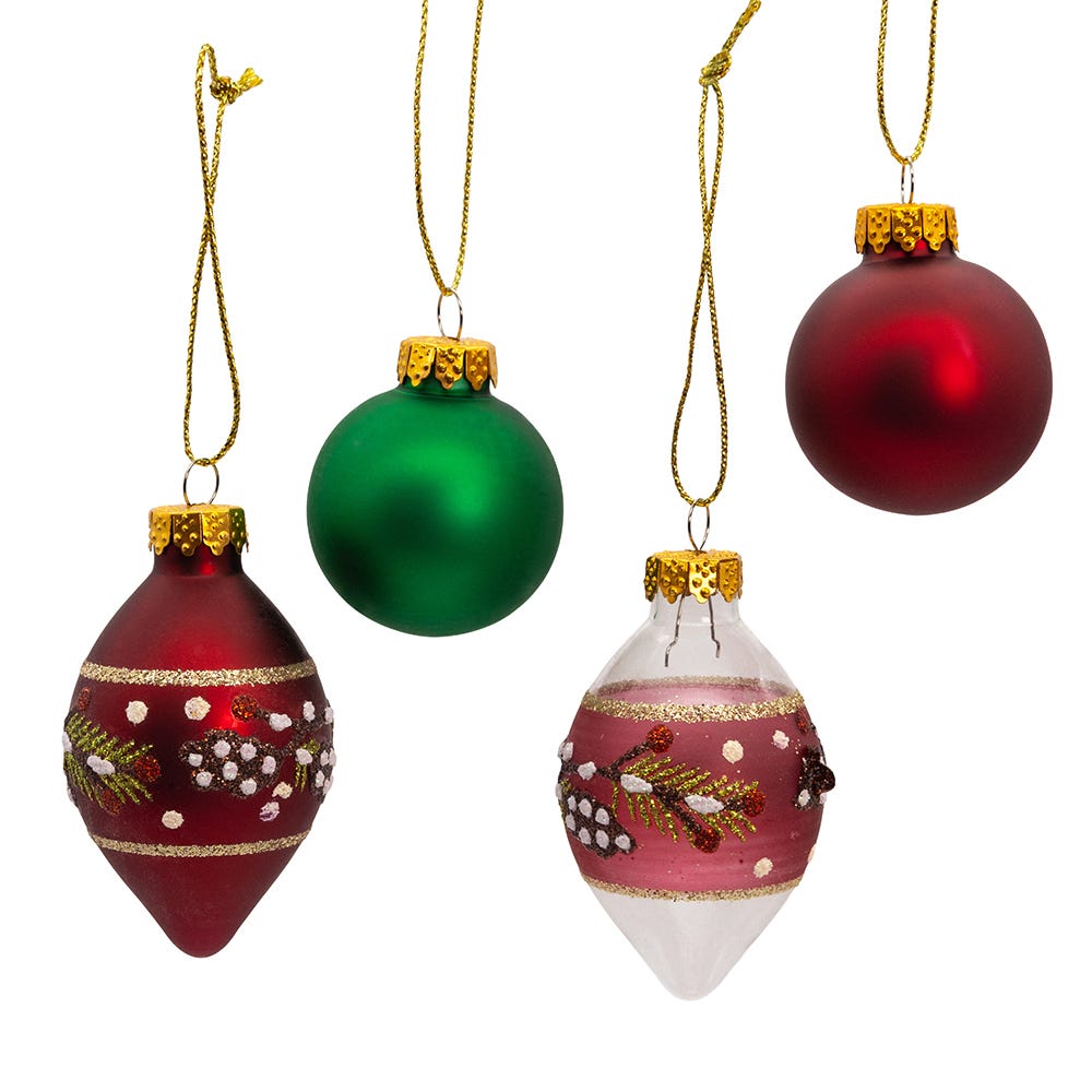 Kurt Adler 35MM Glass Green and Burgundy With Pinecone Ball 12-Piece Ornament Set