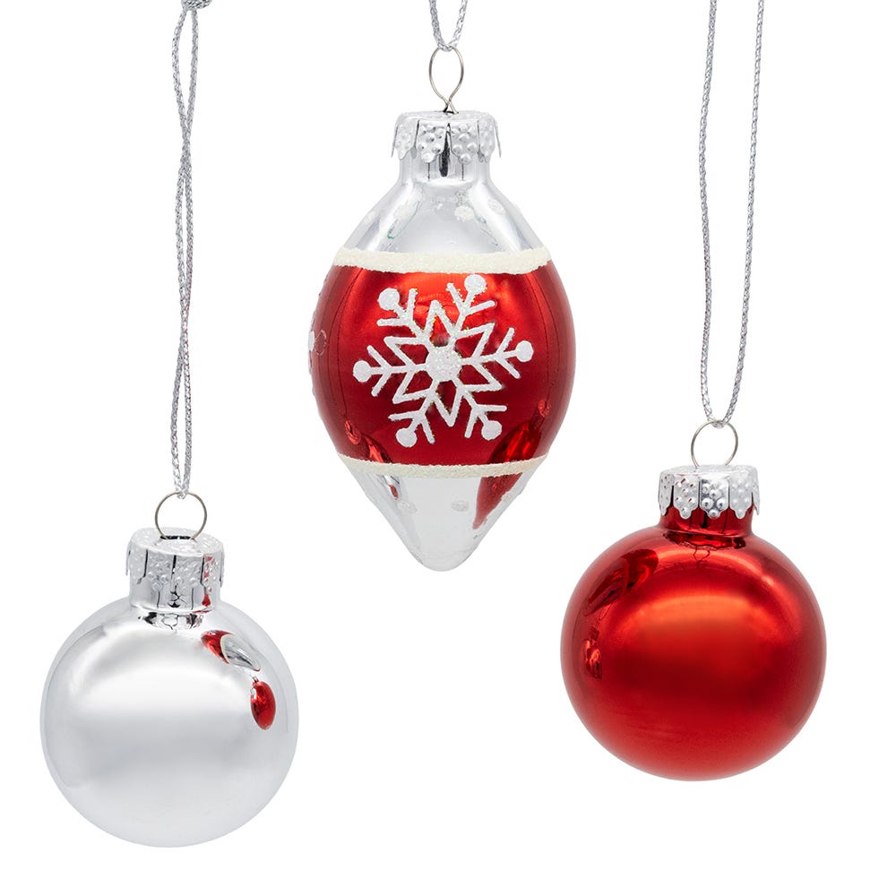 Kurt Adler 35MM Glass Red and Silver With Snowflake Ball 12-Piece Ornament Set