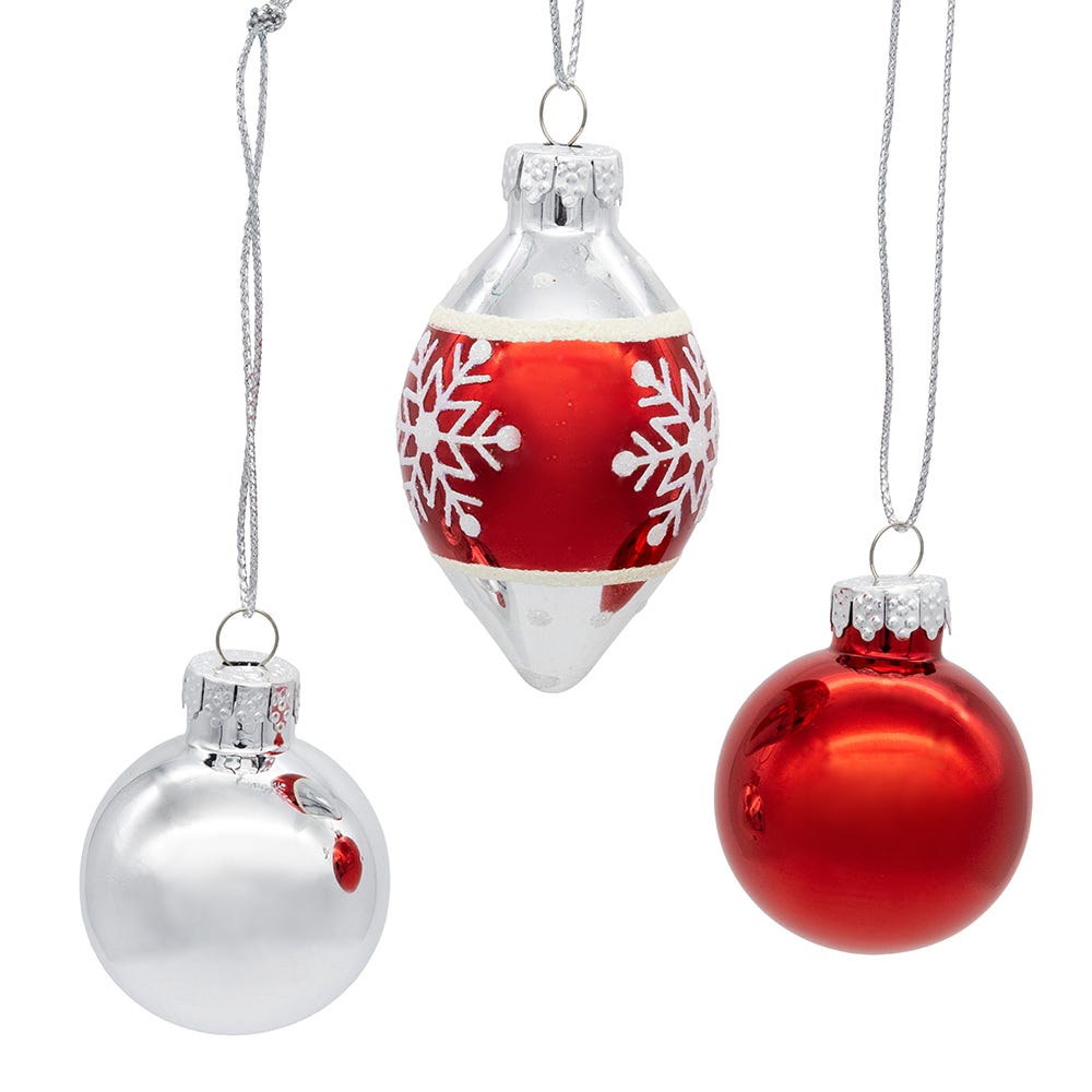 Kurt Adler 35MM Glass Red and Silver With Snowflake Ball 12-Piece Ornament Set