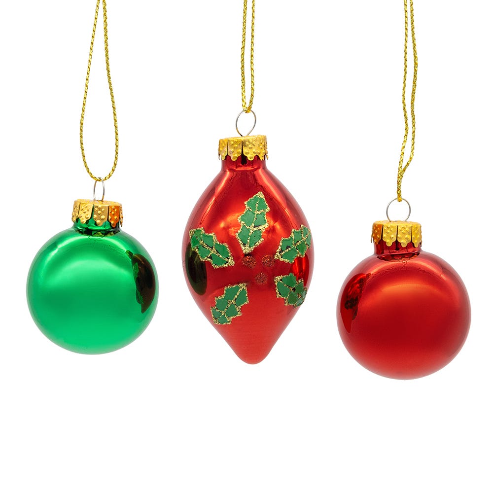 Kurt Adler 35MM Glass Green and Red With Holly Leaves Ball 12-Piece Ornament Set