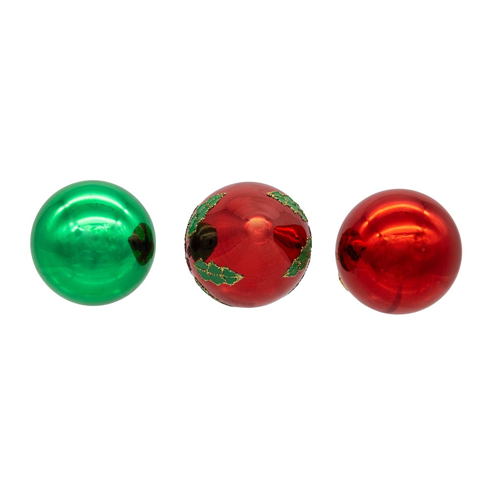 Kurt Adler 35MM Glass Green and Red With Holly Leaves Ball 12-Piece Ornament Set