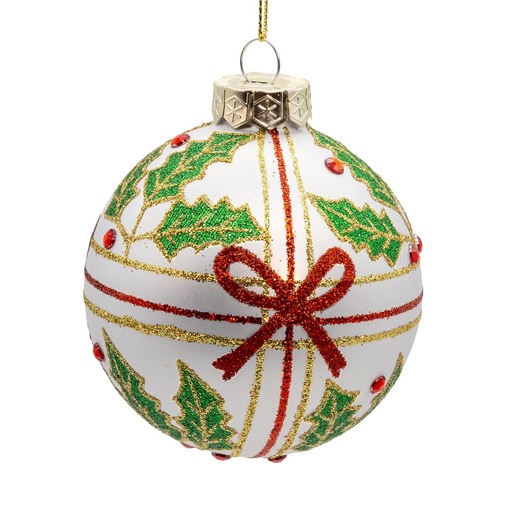 Kurt Adler 80MM Glass Holly and Bow Ball 6-Piece Ornament Set