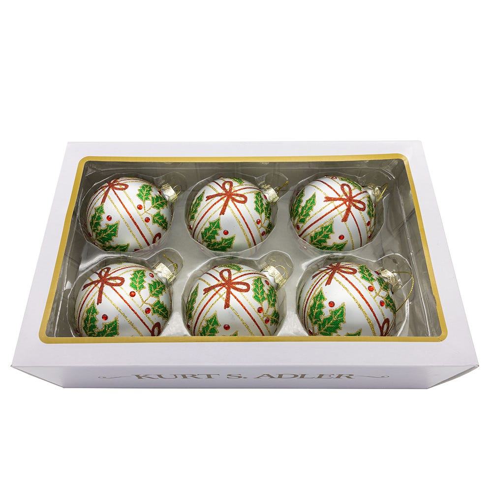 Kurt Adler 80MM Glass Holly and Bow Ball 6-Piece Ornament Set