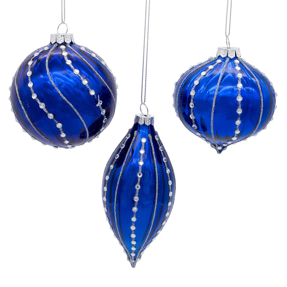 Kurt Adler 80MM Glass Shiny Blue Gemmed Onion, Finial and Ball 3-Piece Ornament Set
