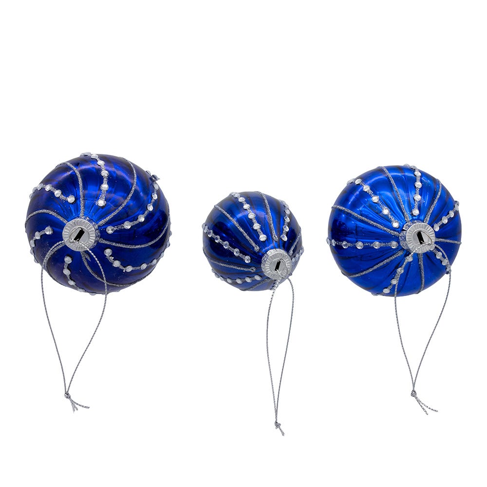 Kurt Adler 80MM Glass Shiny Blue Gemmed Onion, Finial and Ball 3-Piece Ornament Set