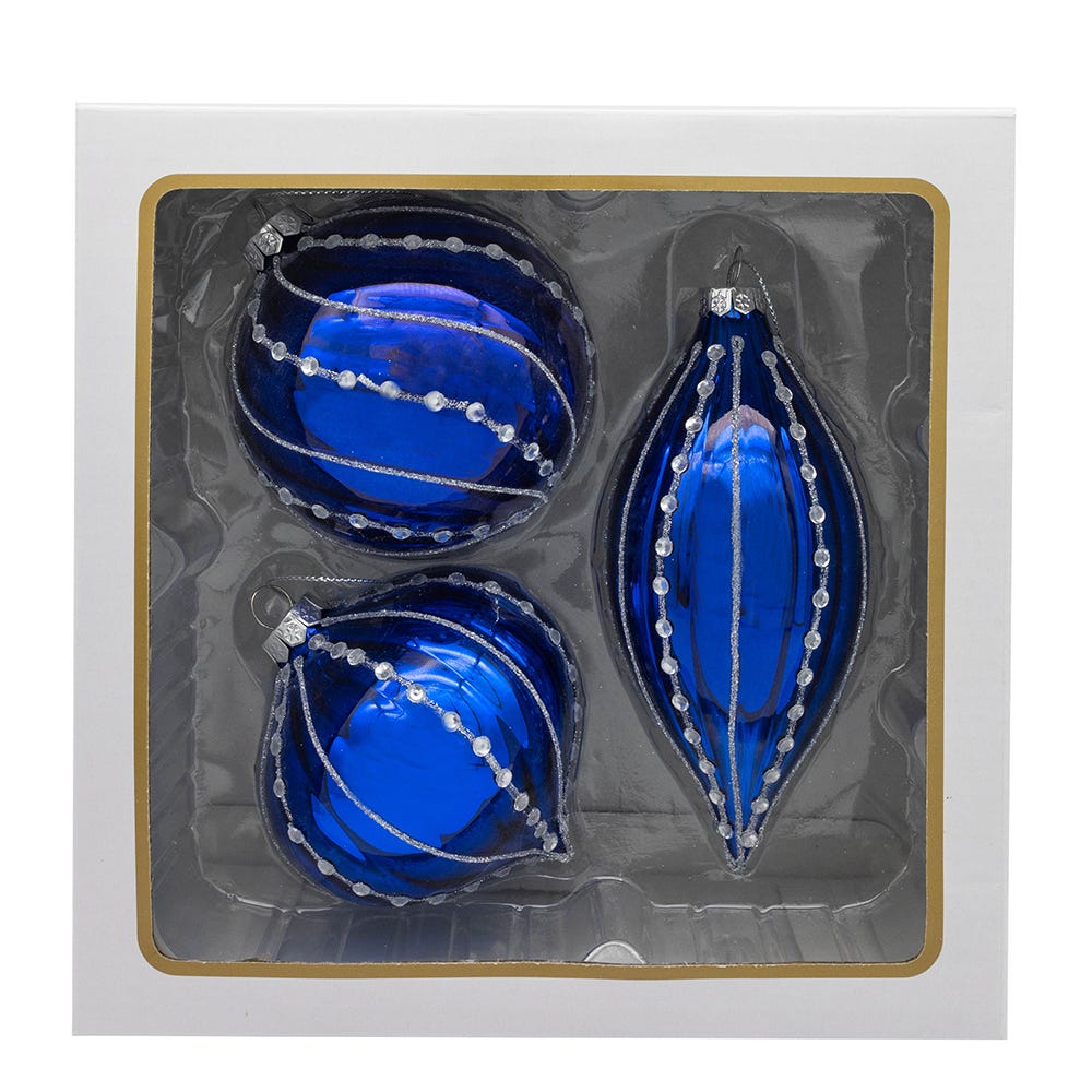 Kurt Adler 80MM Glass Shiny Blue Gemmed Onion, Finial and Ball 3-Piece Ornament Set