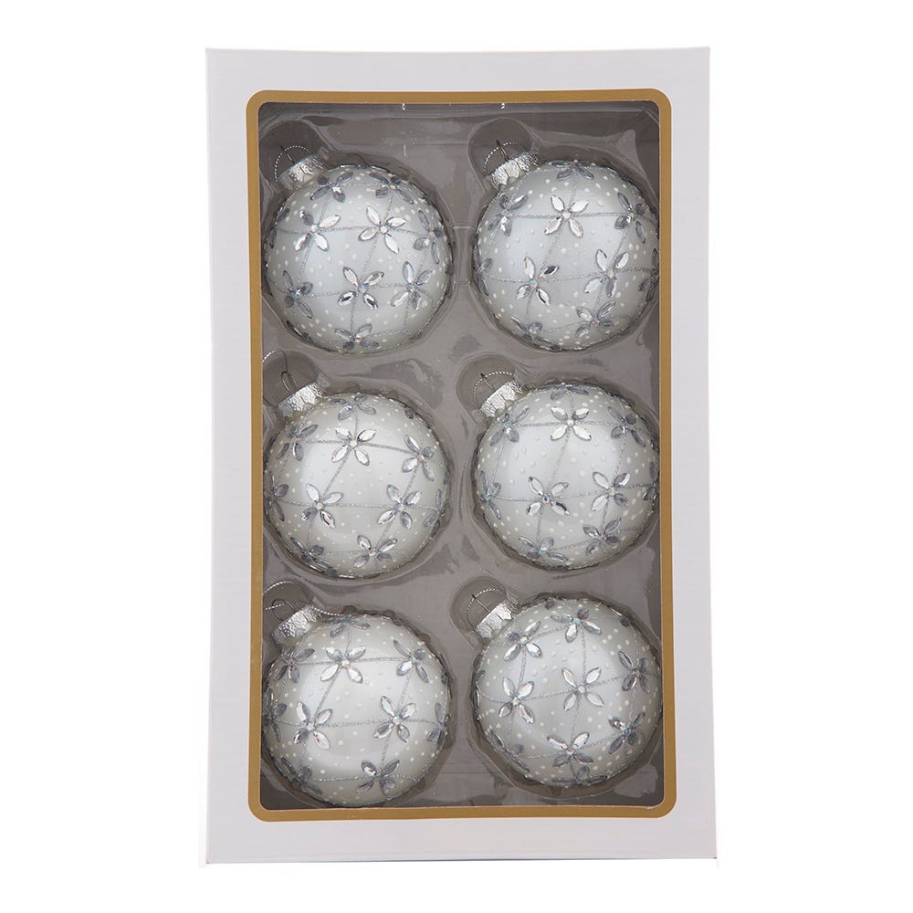 Kurt Adler 80MM Glass Silver Jeweled Ball Ornaments, 6-Piece Box