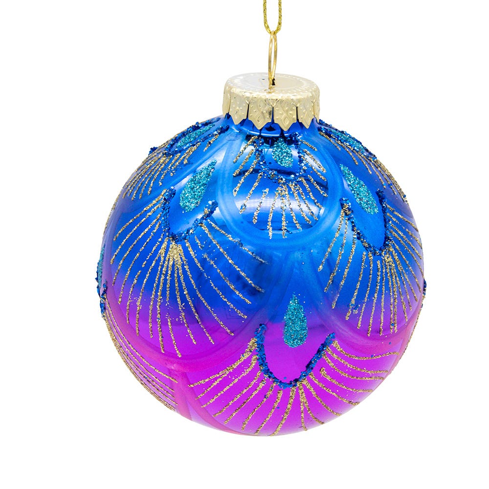 Kurt Adler 80MM Glass Purple and Blue Peacock Ball Ornaments, beautifully packaged in a 6-piece box