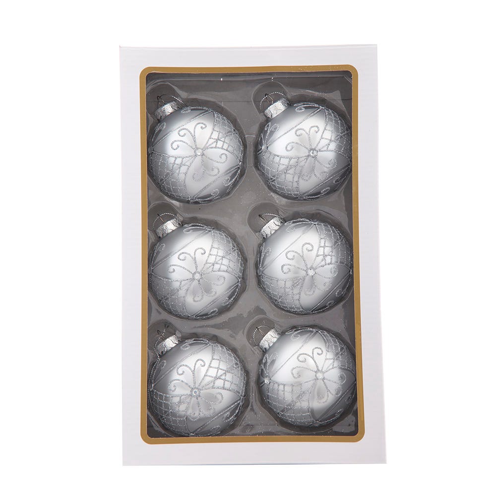 Kurt Adler 80MM Glass Silver Decorative Ball Ornaments, 6-Piece Set