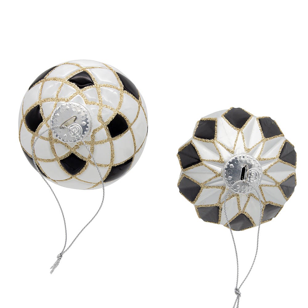 Kurt Adler 80MM Glass Black, White and Gold Checkered Ball Ornaments, 6-Piece Box