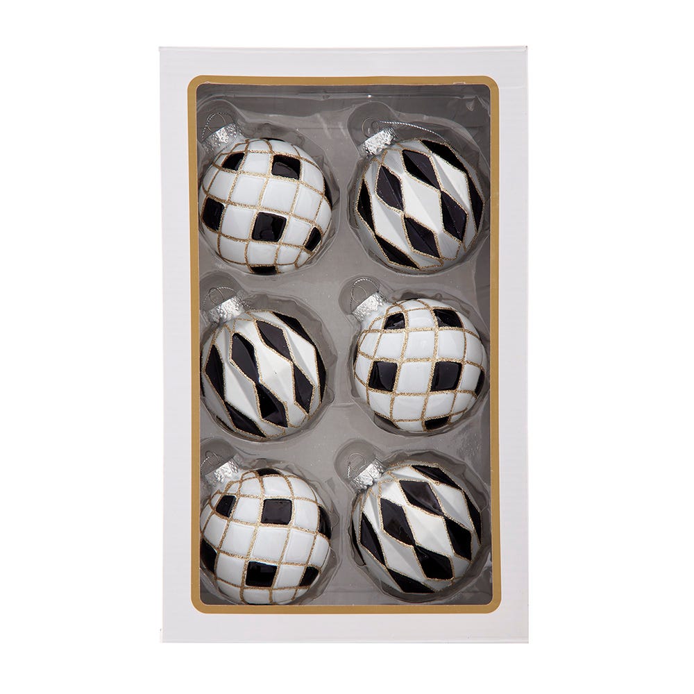Kurt Adler 80MM Glass Black, White and Gold Checkered Ball Ornaments, 6-Piece Box