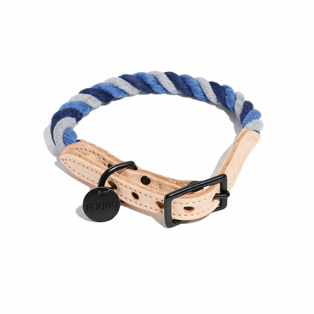 Gray, Blue, Navy Up-Cycled Rope Cat & Dog Collar – Matte Black Hardware