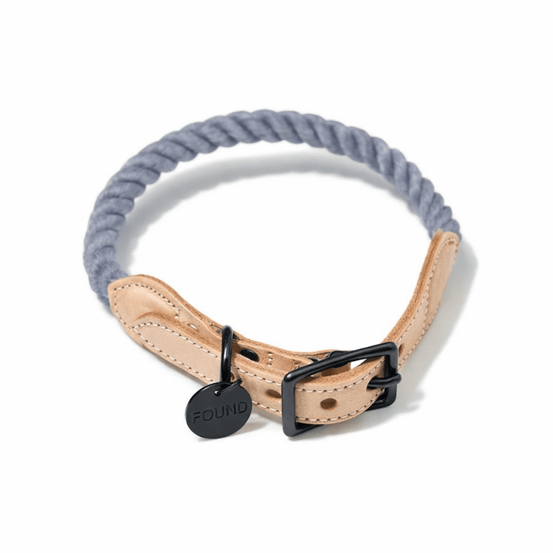 Grey Up-Cycled Rope Cat & Dog Collar – Matte Black Hardware