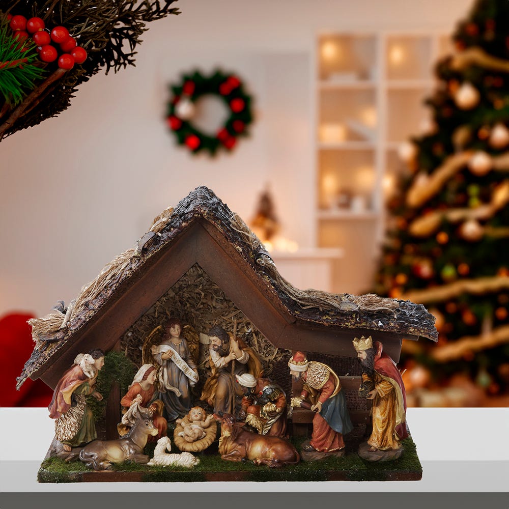 Kurt Adler 9.5-Inch Musical LED Nativity Set with Figures and Stable