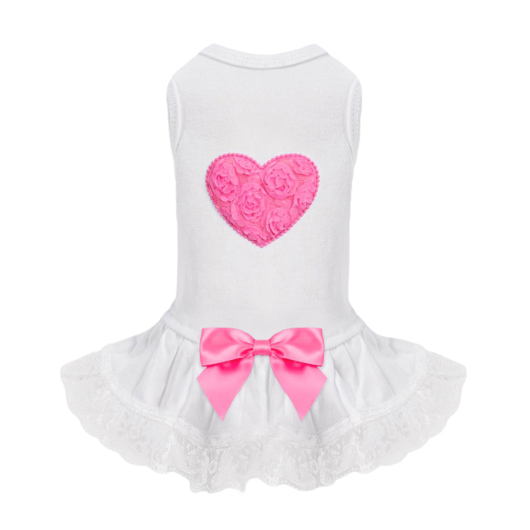 Hello Doggie Lacey Puff Heart Satin Cotton Hot Pink Dog Dress
