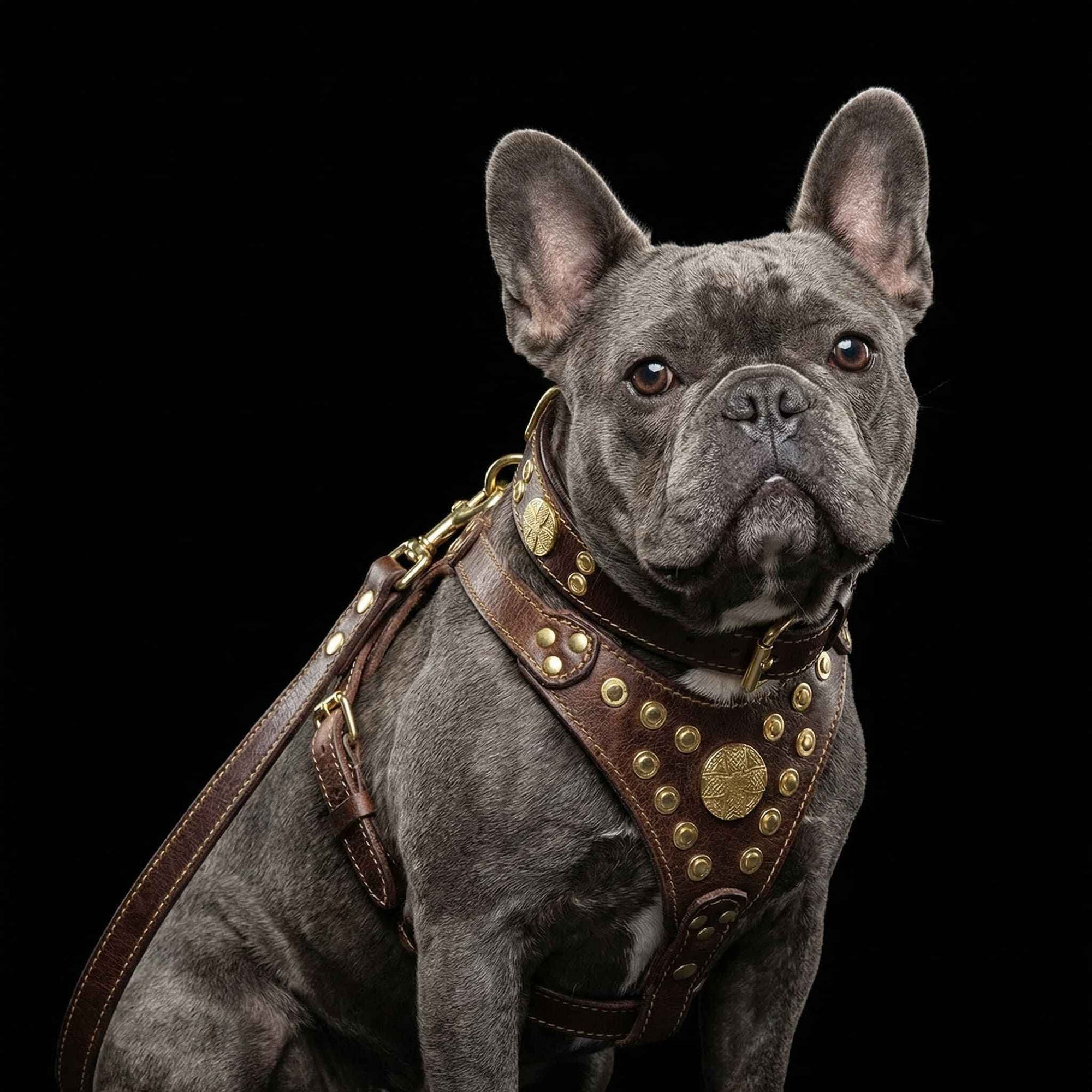 Bestia Maximus Brown & Gold Leather Small Dog Harness, Collar & Leash Set