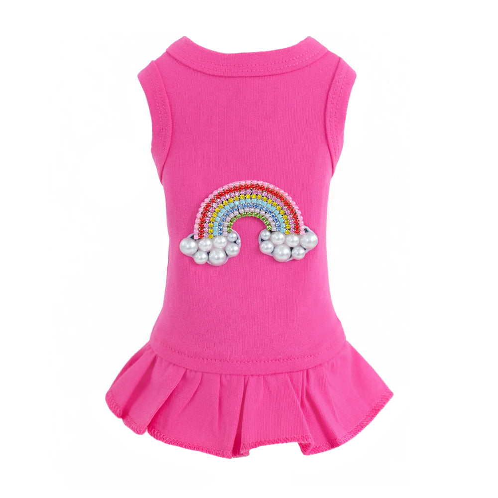 Hello Doggie Rainbow Cotton Crystal Fuchsia Dog Dress