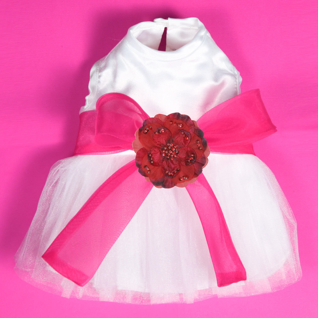The Madeleine Dog Harness Dress with Hot Pink Sash