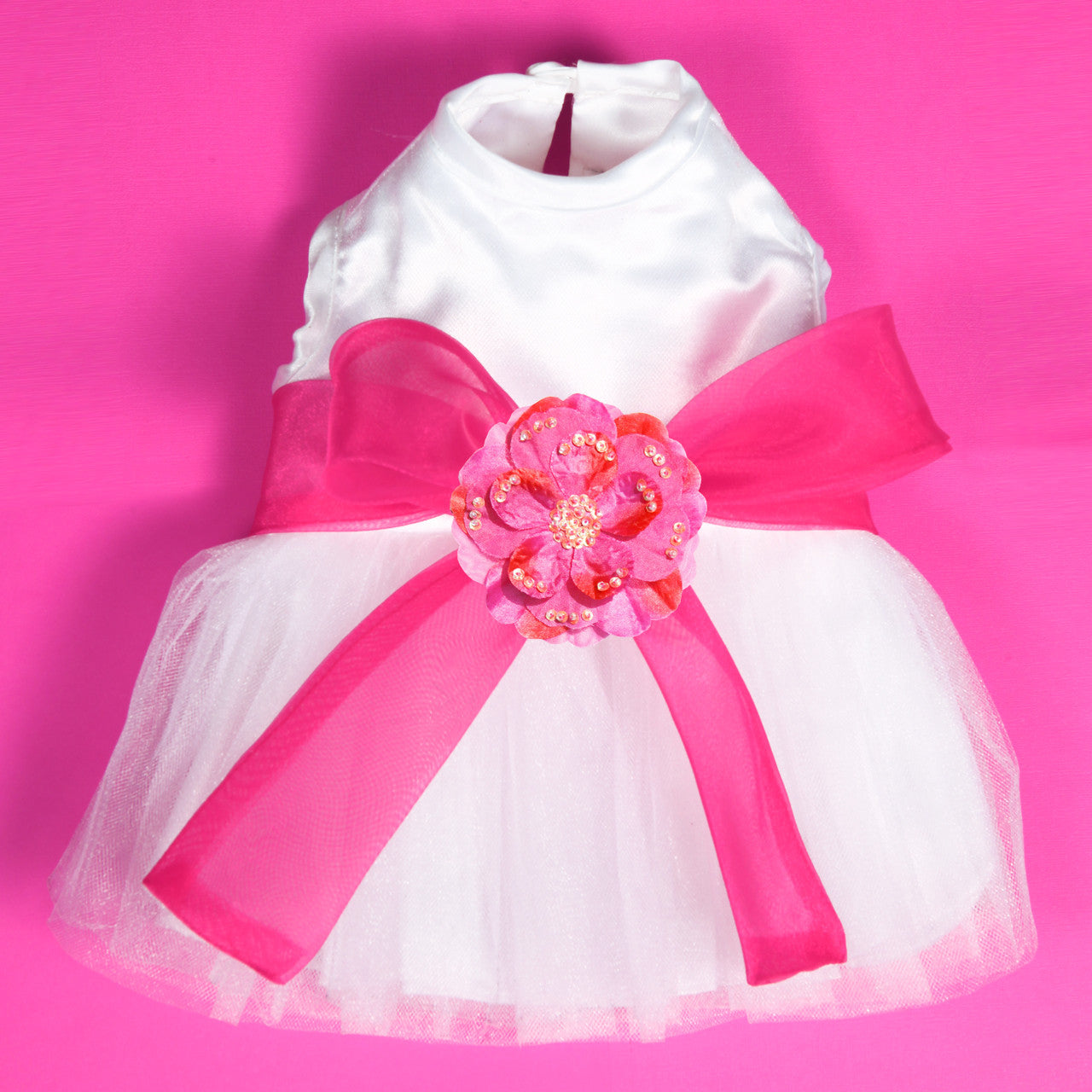 The Madeleine Dog Harness Dress with Hot Pink Sash