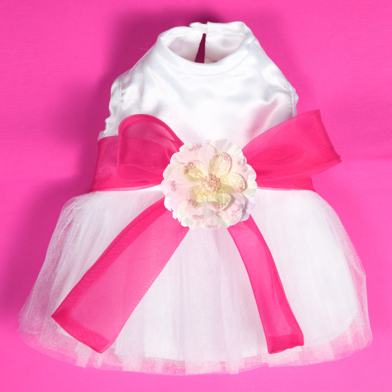 The Madeleine Dog Harness Dress with Hot Pink Sash