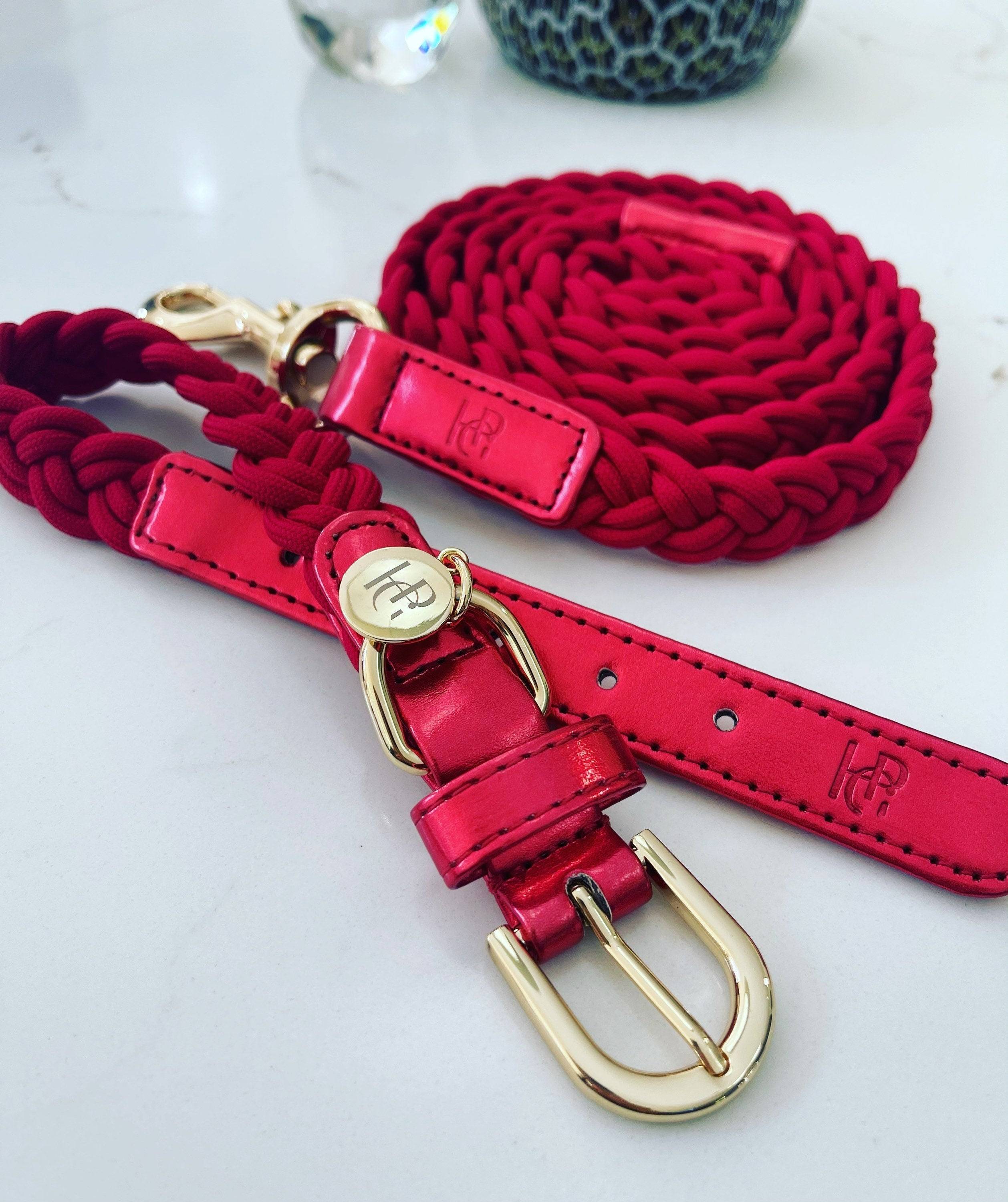 Dog Collar & Leash - Red/Yellow Gold- Plaited