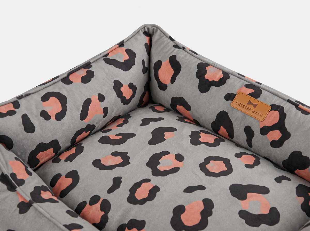 Chester & Lee Velvet Sleeper Dog Bed Gray & Peach Leopard Print