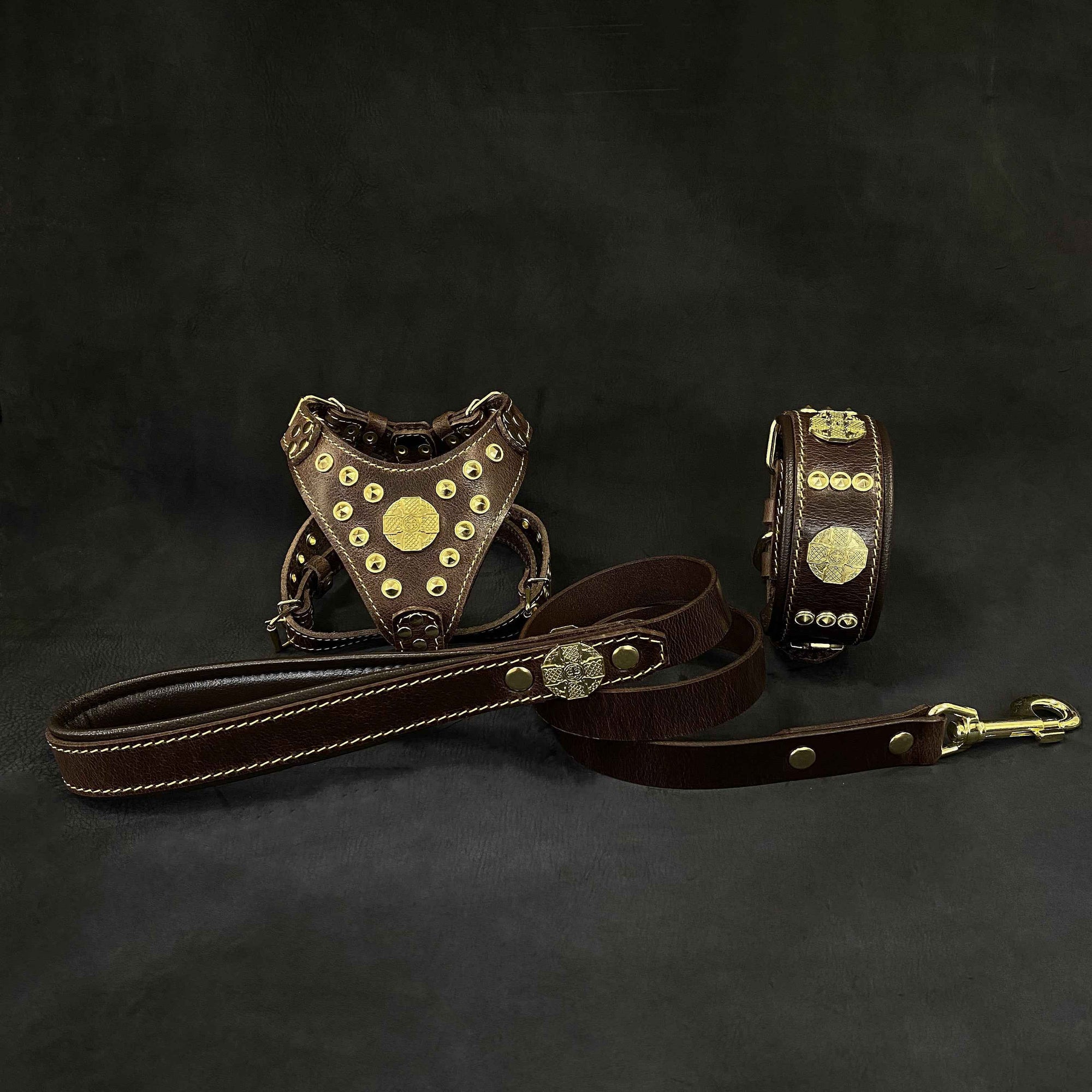 Bestia Maximus Brown & Gold Leather Small Dog Harness, Collar & Leash Set