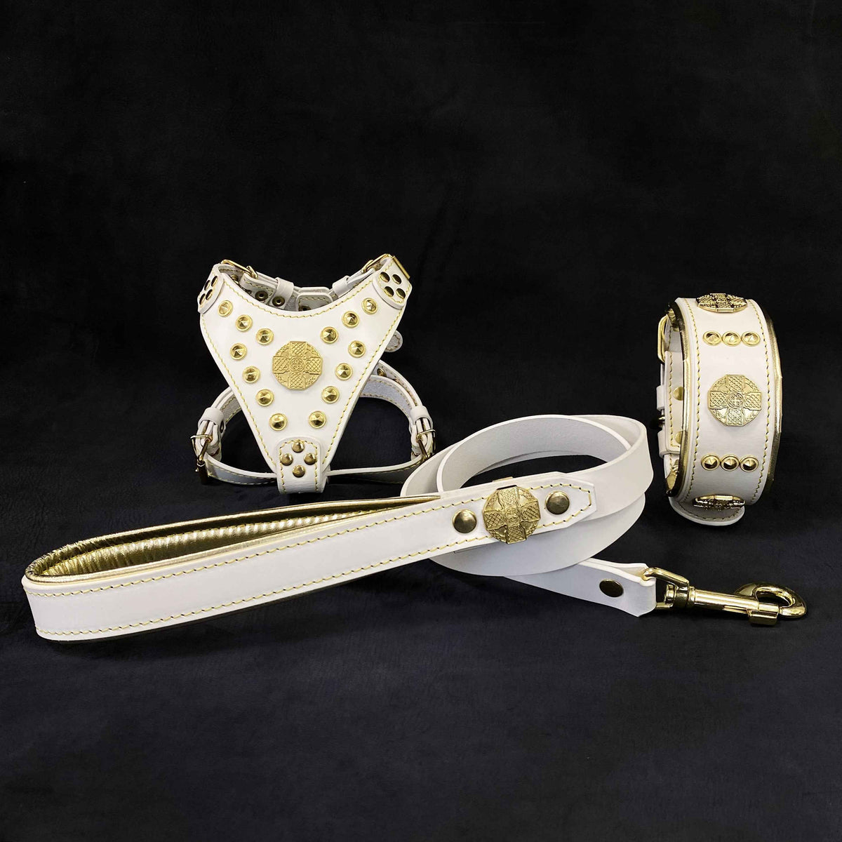 Bestia Maximus White & Gold Leather Small Dog Harness, Collar & Leash Set