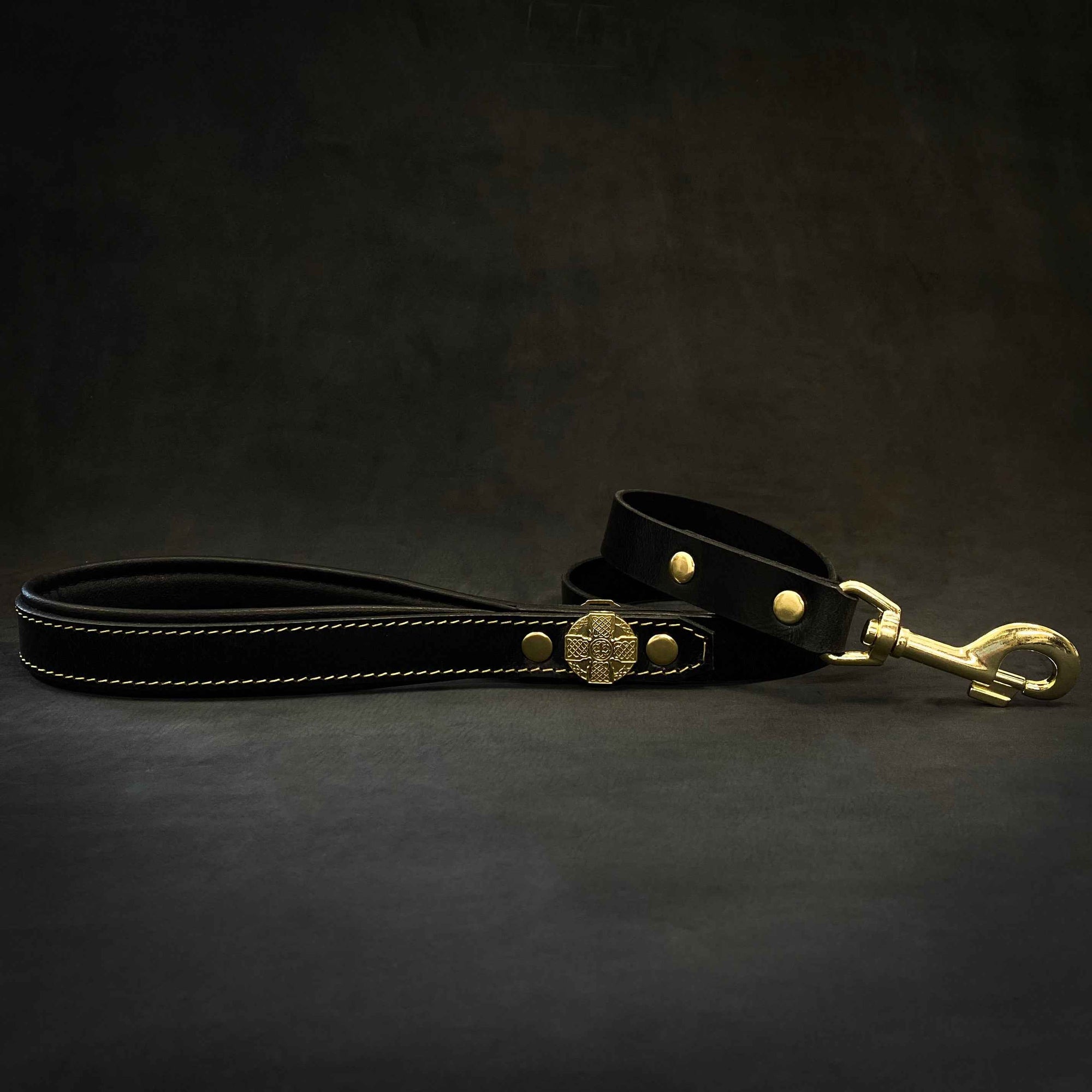 Bestia Maximus Gold 1-Inch Wide Leather Dog Leash