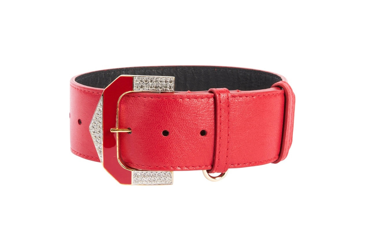 Allysa Payne Red Italian Leather Dog Collar With Glamorous Italian Hardware