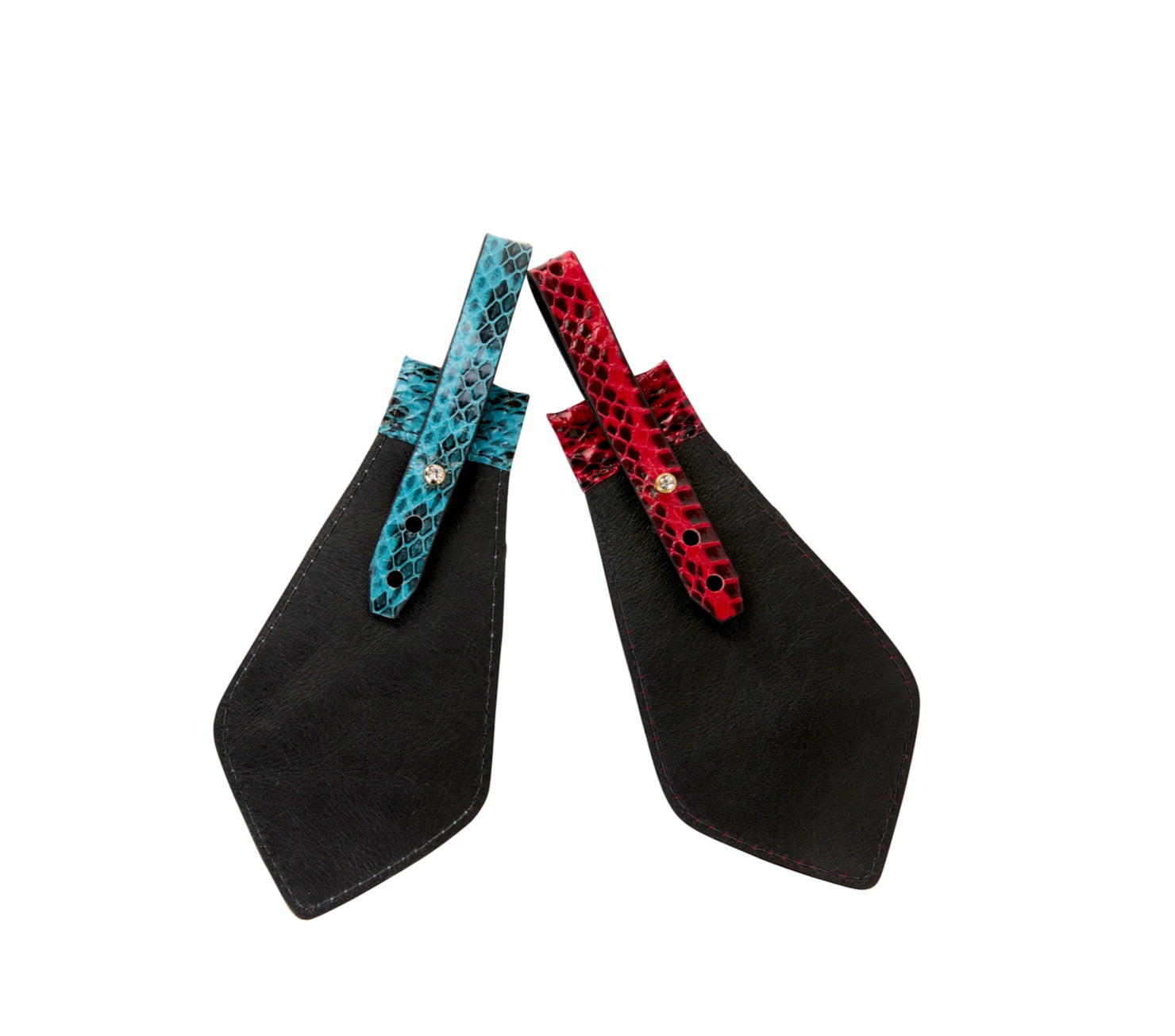 Allysa Payne Turquoise & Black Viper Snake and Red & Black Tie, Backed With Italian Leather & Swarovski Crystal Closure Set Of 2