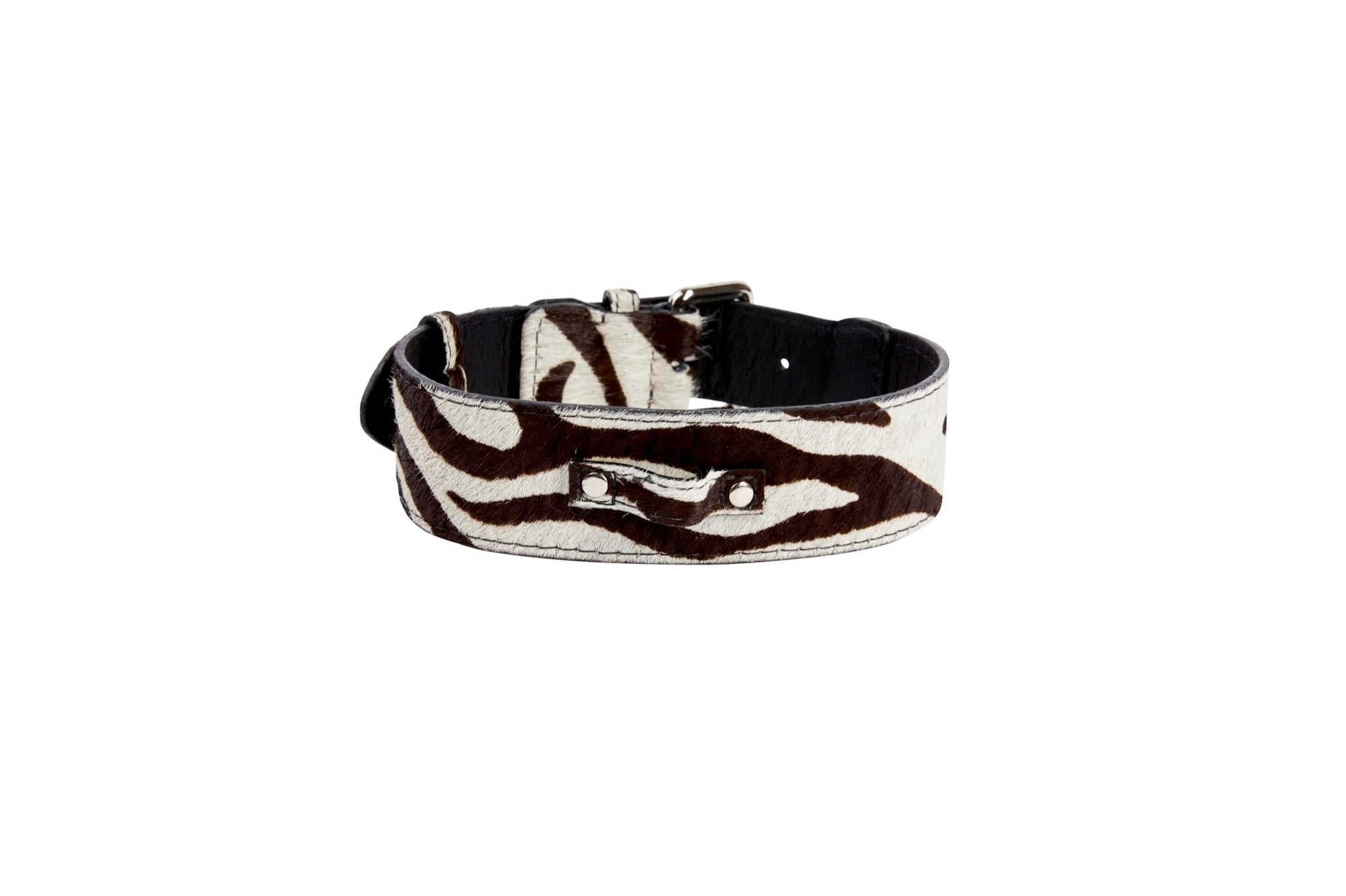 Allysa Payne Distressed Brown & White Zebra Print Hair On Hide Classic Dog Collar with Silver Classic Hardware