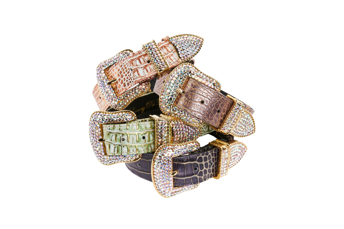 Allysa Payne Embossed Croc Italian Leather/Swarovski Crystals Dog Collar. Set Of 4