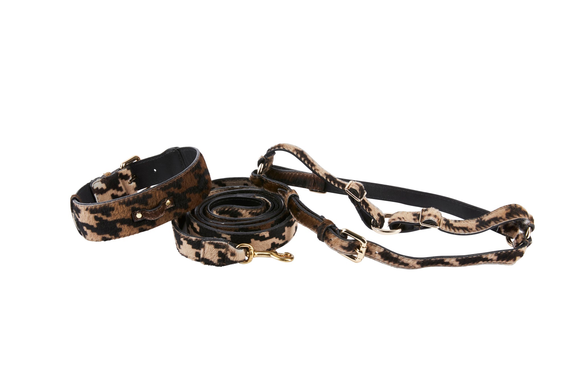 Houndstooth Hair On Hide On Hide Italian Leather Collar, Leash, Harness Set With Classic Hardware