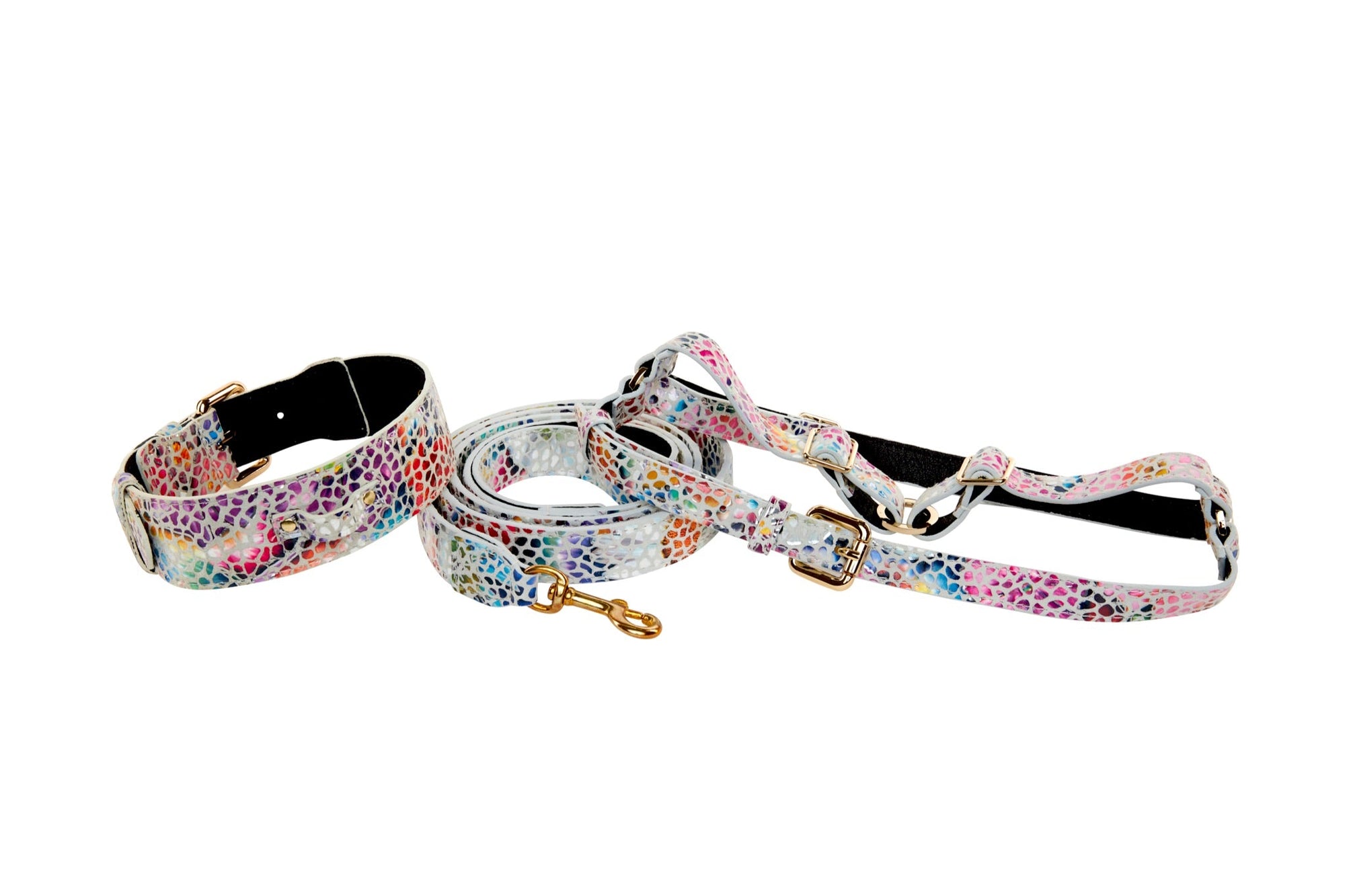 Allysa Payne White Floral Mosaic Italian Leather With Gold Classic Hardware Dog Collar, Leash & Harness Set