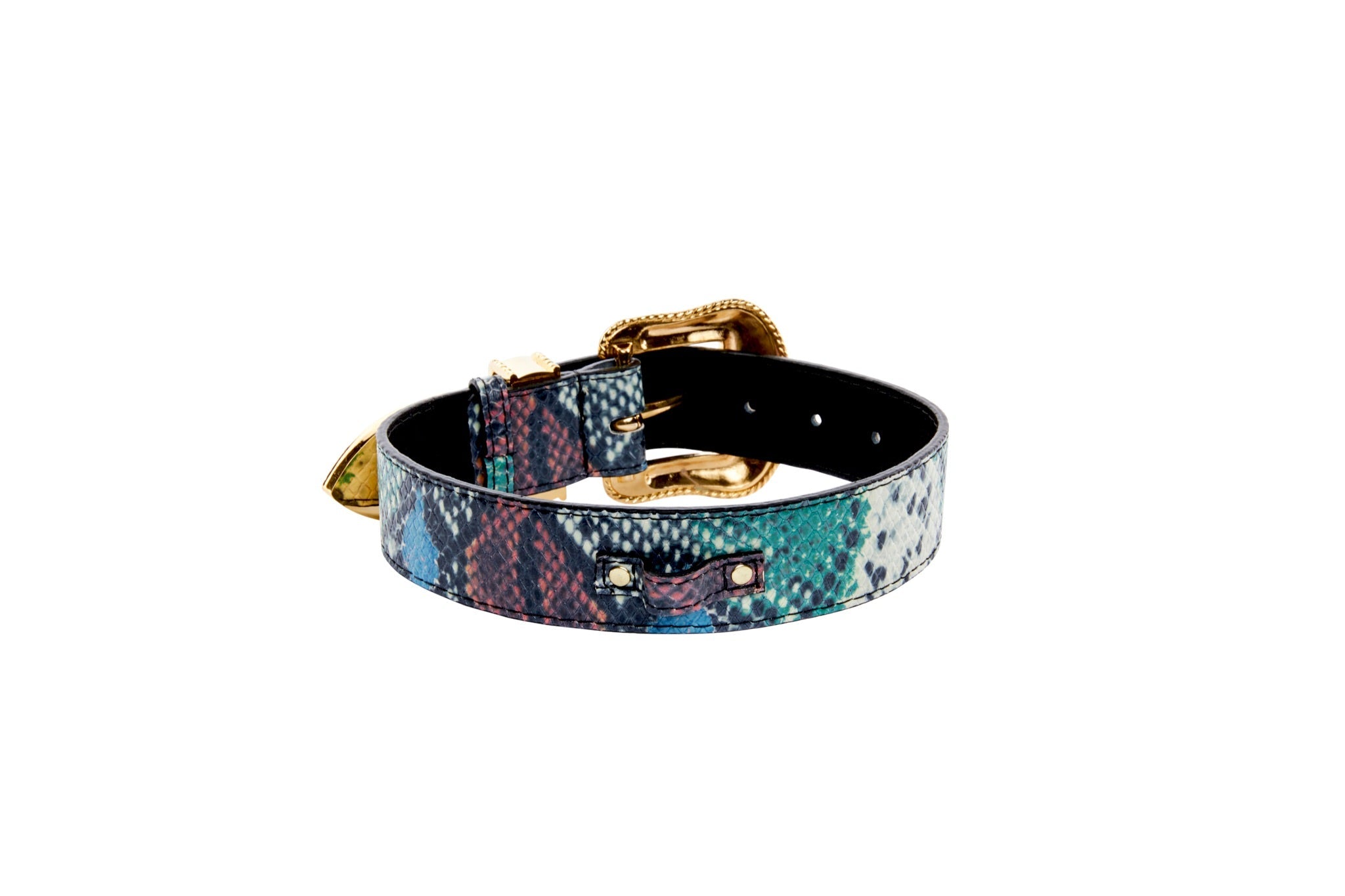 Green, Blue, Black, Red Embossed Snake Italian Leather Collar With Gold Swarovski Hardware