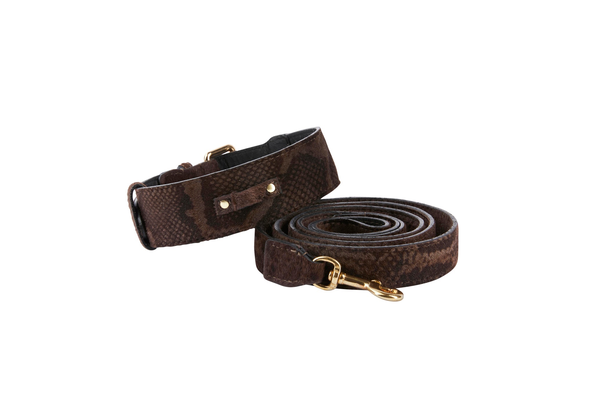 Brown Snake Print Hair On Hide Italian Leather With Classic Hardware Collar & Leash Set
