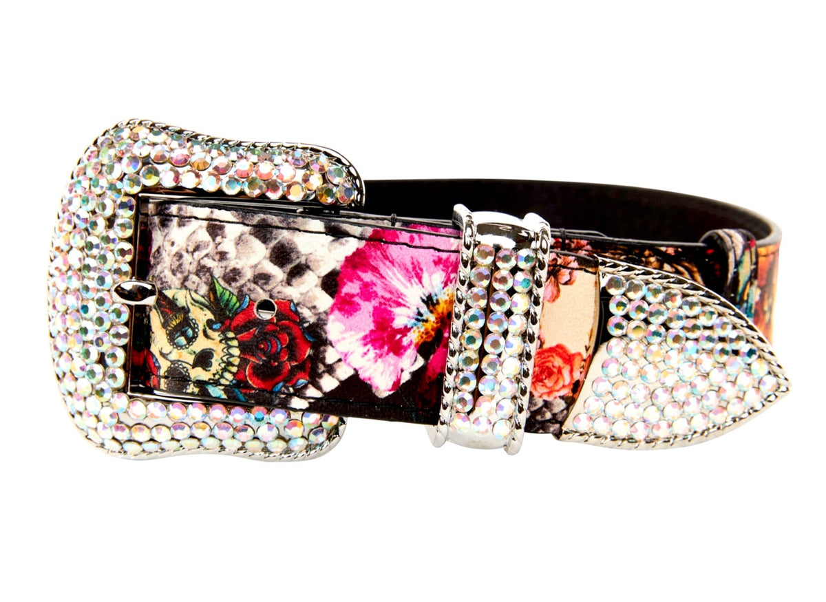 Allysa Payne Floral, Scull, Snake Print Italian Leather Dog Collar With Swarovski Crystal Hardware