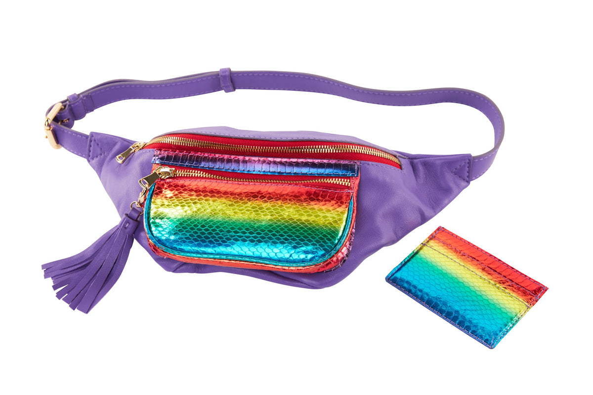 Allysa Payne Pride Collection Rainbow Snake/Purple Italian Leather Belt Bag & Matching Rainbow Snake Card Wallet