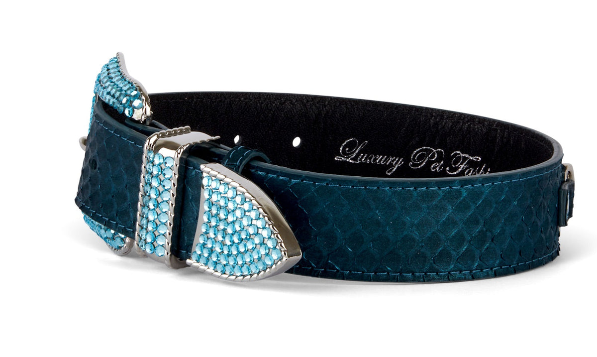 Allysa Payne Iridescent Matte Blue/Green Snake Blue Swarovski Crystal Hardware Dog Collar