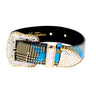 Blue & Yellow Elegant Plaid Italian Leather Collar With Swarovski Crystal Hardware