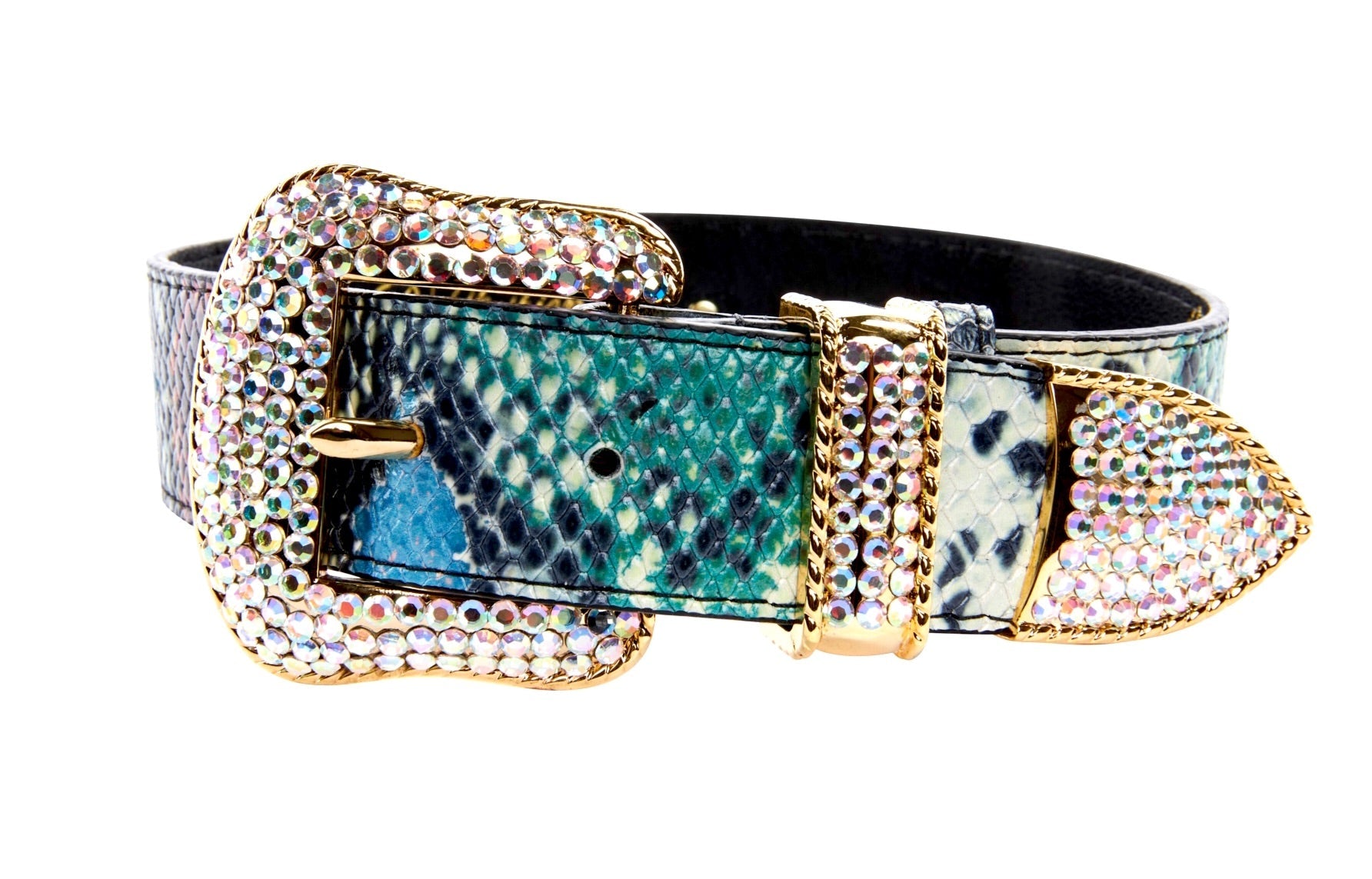 Allysa Payne Green, Blue, Black, Red Embossed Snake Italian Leather Dog Collar With Gold Swarovski Hardware