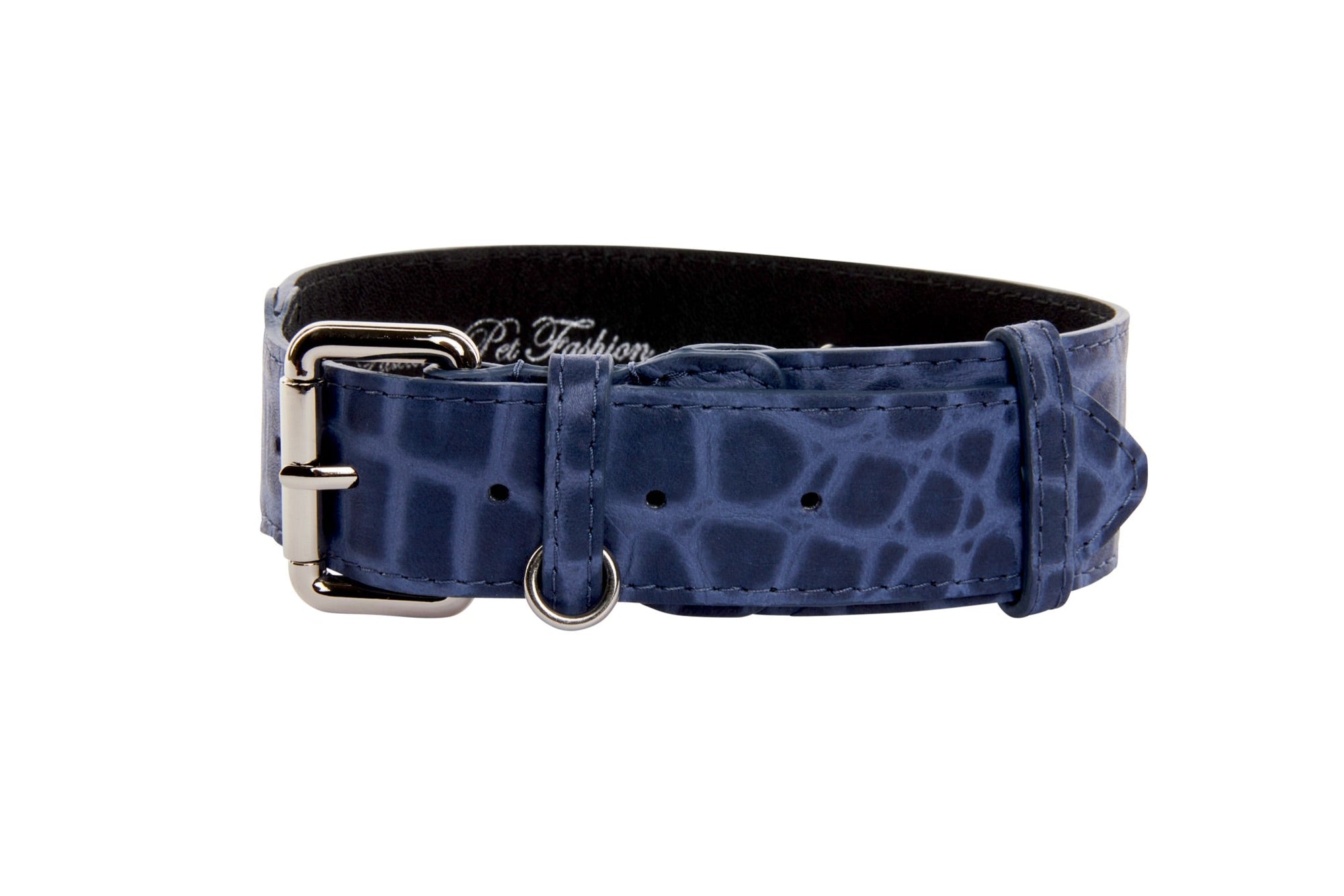Allysa Payne Blue Embossed Croc Italian Leather Dog Collar With Silver Classic Hardware